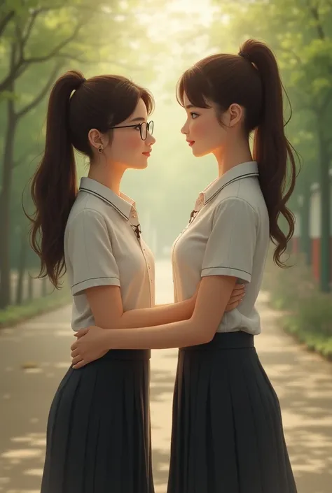 A woman wearing a Thai university student dress and wearing glasses. One cute looking person is looking at each other in the face with another woman wearing a Thai university student dress who is taller and beautiful looking, not wearing glasses.