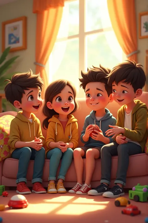 Picture a cozy living room with four boys and two girls sitting on a comfortable couch. Theyre laughing and sharing stories, surrounded by colorful cushions and toys scattered around. The atmosphere is warm and inviting, with sunlight streaming through the...