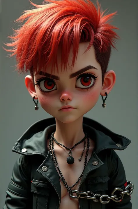 Boy wearing punk clothes ,  chain on his left arm , short red hair and dark red eyes