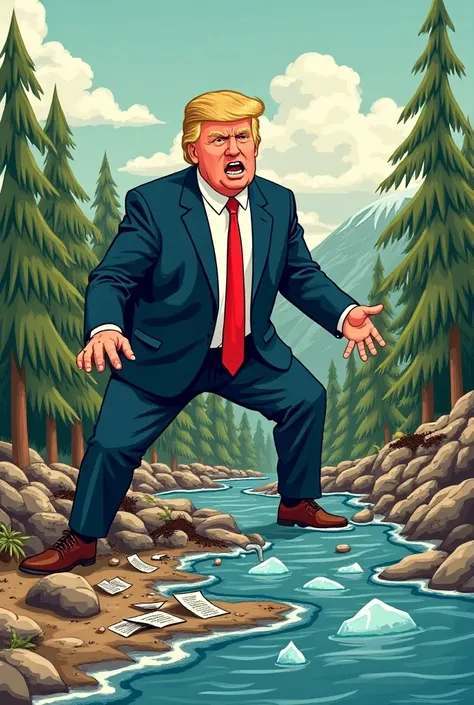 "An illustration showing Donald Trump in an aggressive and destructive stance towards the environment. He is depicted tearing down a forest and polluting a river, symbolizing the destruction of environmental protections. Around him, symbols of climate agre...