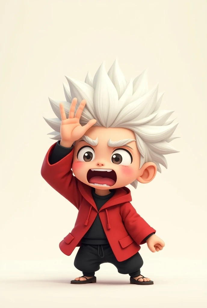 Make a little ninja who wears a red jacket and black pants with white hair and he has his hand on his head as if he were in shock Cartoon style with minimalist background 