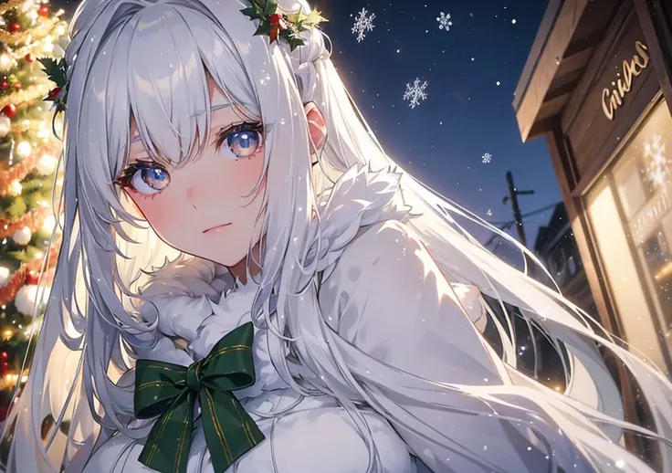 A close-up of a beautiful girl with silvery-white hair, wearing a delicate winter-themed dress adorned with soft fur. Her eyes sparkle like snowflakes, reflecting shades of holiday reds and greens. She is surrounded by a gentle glow of Christmas lights, wi...