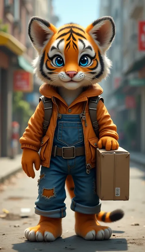 The young tiger cub, with expressive blue eyes and a serious expression, works odd jobs around the city, carrying boxes and cleaning. The cub’s worn clothes and focused gaze show its dedication to hard work and self-improvement."