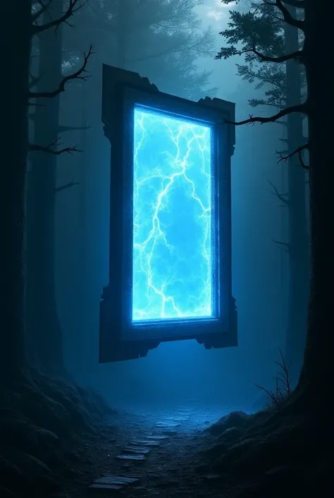 A large and bright portal, rectangular, with thin, detailed edges,  floating in the air , en un bosque oscuro,  with strange inscriptions , It expels blue energy, black and white