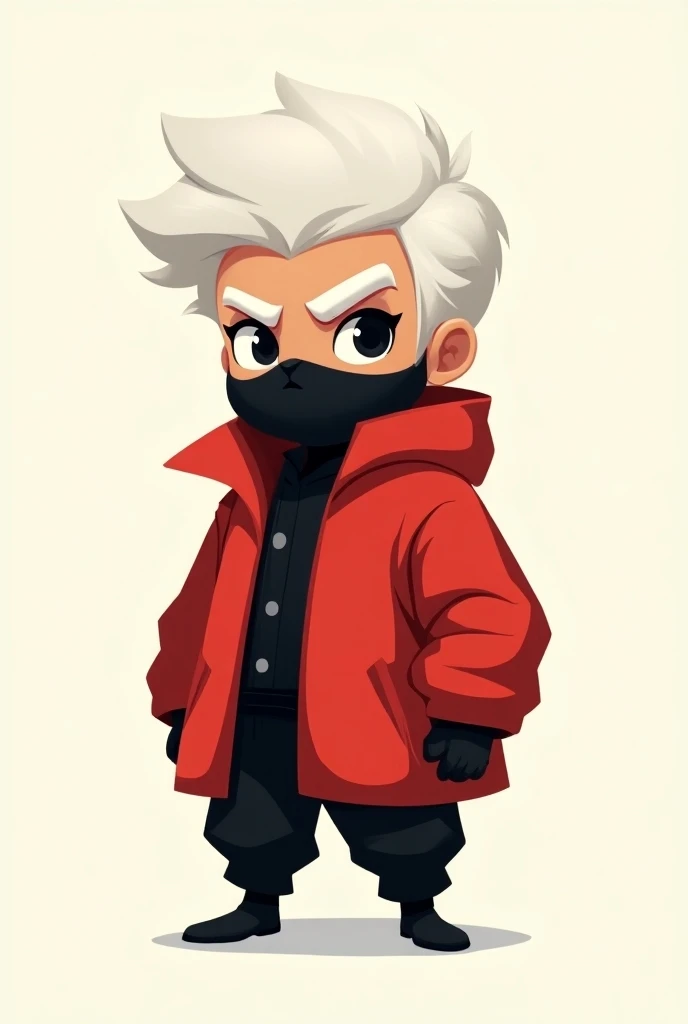 Make a little ninja who wears a red jacket and black pants with white hair and he looks like a Cartoon-style detective with a minimalist background 