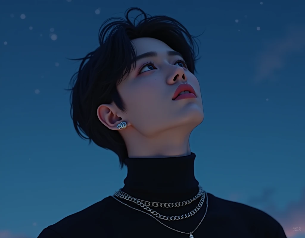 JEON JUNGKOOK IS WHITE-SKINNED, BLACK-HAIRED, WEARING A BLACK TURTLENECK SWEATER, WEARING CHAIN NECKLACES, LOOKING UP AT THE NIGHT SKY, AND TAKING PICTURES FROM BELOW. SKY SYMBOLSKY SYMBOL. 