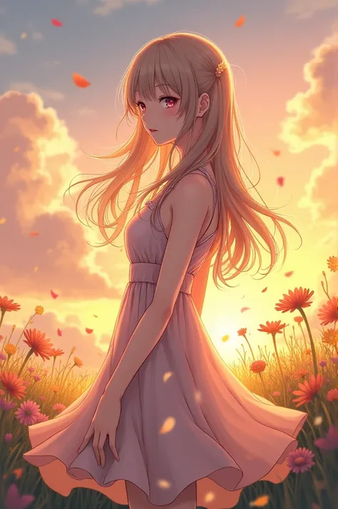 "A stunning anime girl with long, flowing hair, wearing a pastel-colored dress, standing in a field of wildflowers during sunset. Her expression is peaceful and serene, with sparkling eyes that reflect the colors of the sky. The atmosphere is dreamy and so...