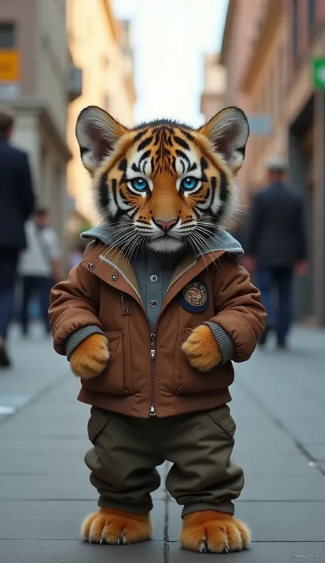 "The tiger cub, with expressive blue eyes filled with confidence, stands facing a rival in the city’s business district. The cub’s neat clothes and fearless gaze reflect its readiness to take on new challenges in life."