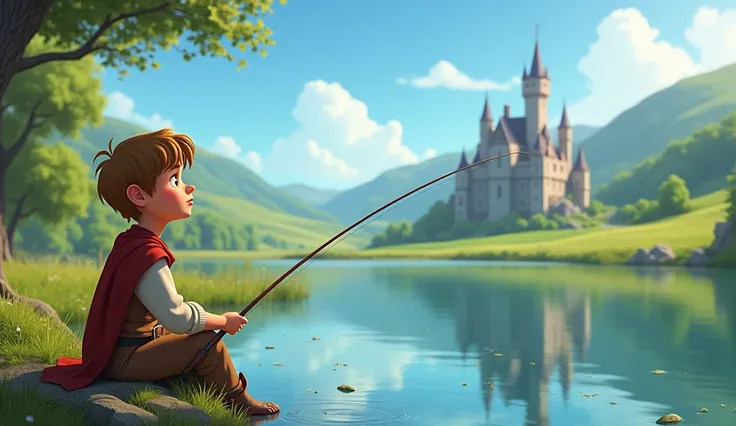 "Scene inspired by the story Excalibur from The Sword in the Stone: Arthur daydreaming, seeing a reflection of himself sitting by a lake, fishing under a blue sky. In the background, he imagines himself in a peaceful and sunny setting, while remaining in t...