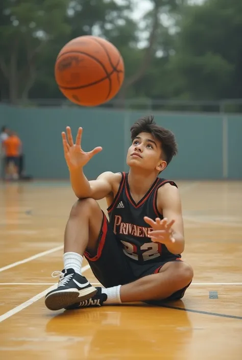 Create a teenager who throws a basketball so that he is sitting on the floor