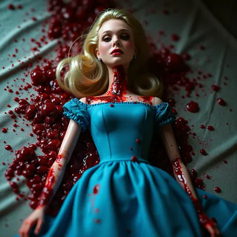 (( The best quality)), (( masterpiece )), Image of (( top view )) Of a Barbie doll in a blue dress with her throat slit with an arm and blood around it must be super realistic and look like the murder of Jesse in The Neon Demon