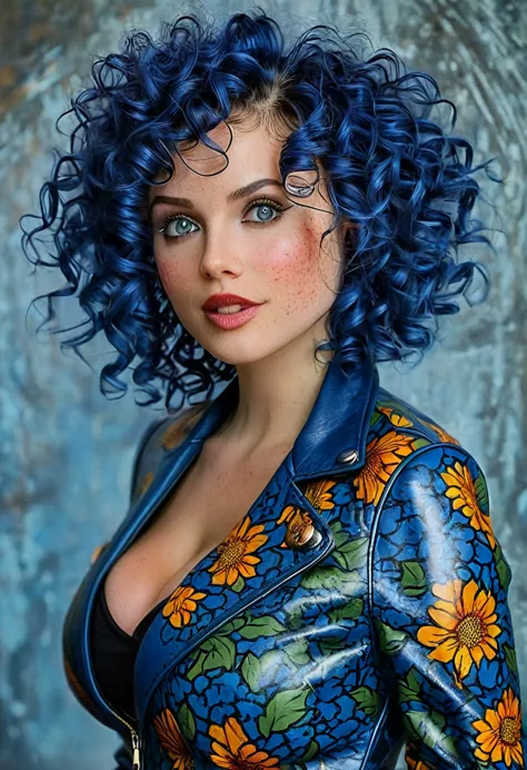 blue curly hair. deep dark and energetic coffee eyes. heavey makeup. she wears a floral stamped dress with a leather jacket. bus...