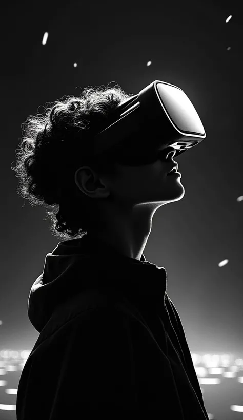 can you make me a black and white background for a poster that related to virtual reality with a character that wears a vr headset looks like he is in his imagination world 