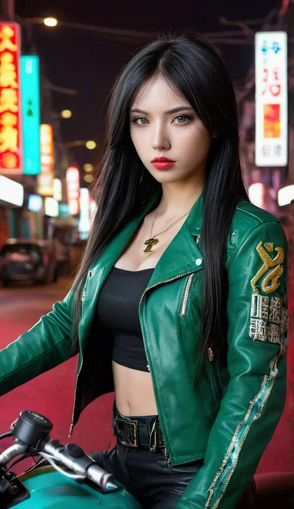 young transsexual blood jacket  ,beautiful,  long black hair , cao cao,off white,   japanese women、 green eyes, moving body,beau...