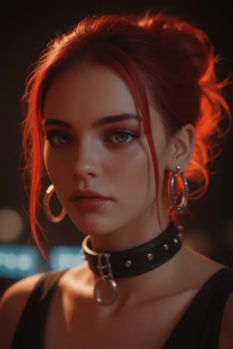 Close-up do rosto, Alternative girl, Looking over , collar,  neon light reflections on the skin, earring, makeup,  skin imperfections, long red hair,  depth of field, highly detailed, High contrast,  movie grain,  edge lighting , Long exposure, dslr