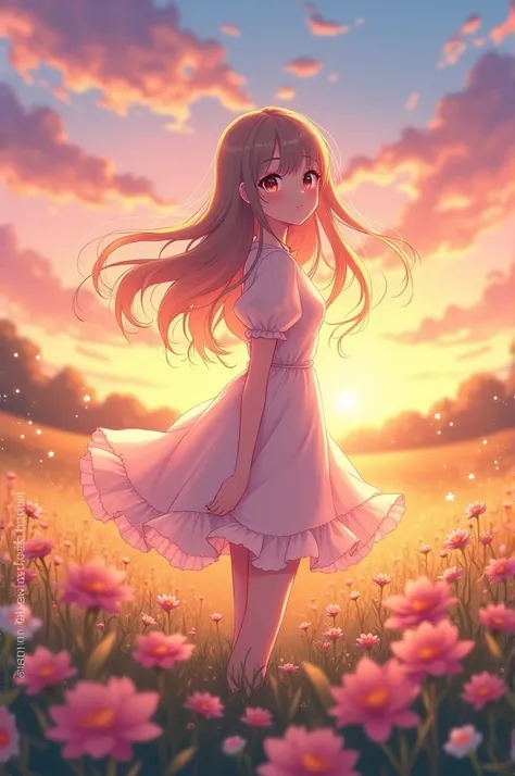 "A stunning anime girl with long, flowing hair, wearing a pastel-colored dress, standing in a field of wildflowers during sunset. Her expression is peaceful and serene, with sparkling eyes that reflect the colors of the sky. The atmosphere is dreamy and so...