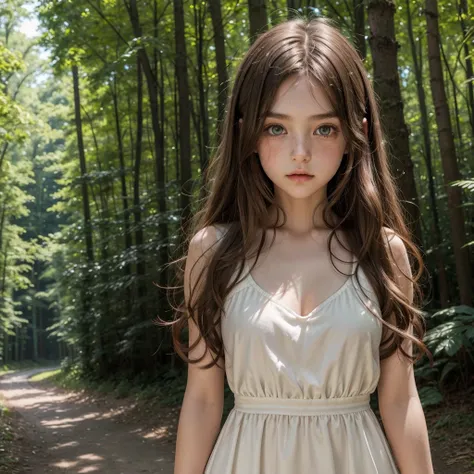 teenager girl, very long brown hair curly without fringe, big green eyes, heart head, small nose with little freckles, skinny with big breasts, white simple silk dress, scenery is a forest