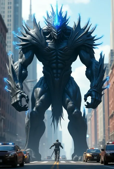 A big blue and black phenom with legendary weapons in New York in a realistic manner 