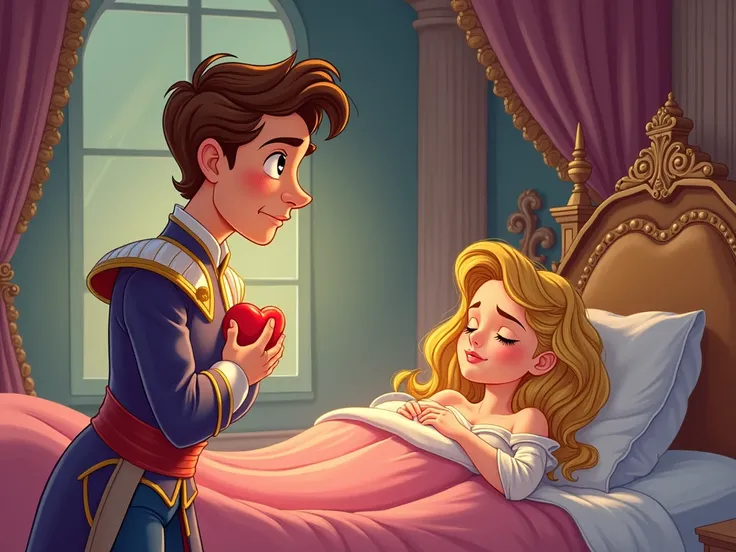  Prince cautiously approaches the bed,  where Sleeping Beauty sleeps ,  holding his hand on his heart .  The expression on Princes face ,  slightly embarrassed , but romantic . Cartoon style 