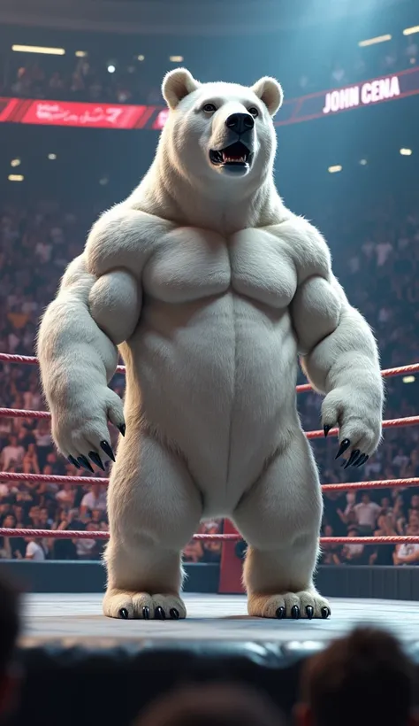 A white bear with the face of john cena standing in the ring of wwe, face expression same as john cena, crowd cheering in the background, ring is showing from side with writing of WWE, character is standing with the signature style of john sena. (best qual...