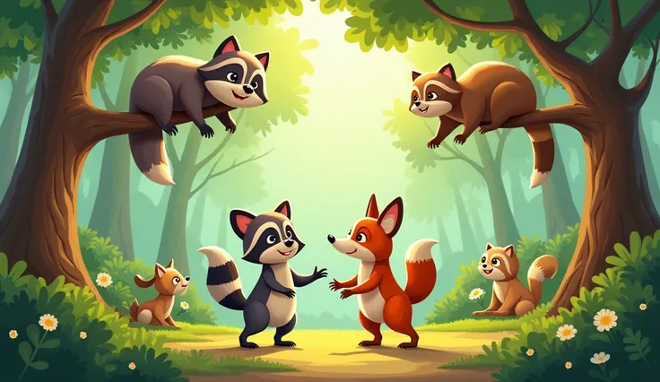 I want a picture of this little racoon, of this sloth lying on a branch, a fox and a raccoon dancing