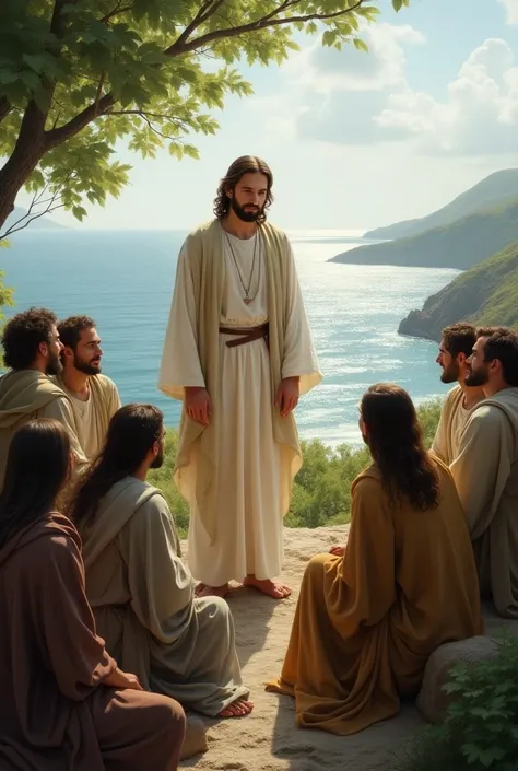 Beautiful image of Jesus talking with all his disciples and in the background of the photo an image showing the sea and nature