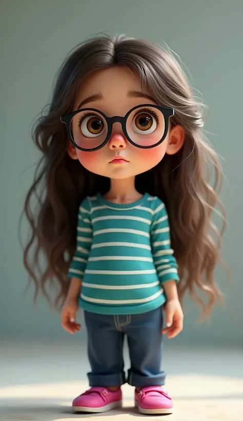  An  girl wearing glasses with long dark brown hair , has brown eyes,  wears a teal blue shirt with white stripes and navy blue pants and magenta Disney Pixar shoes