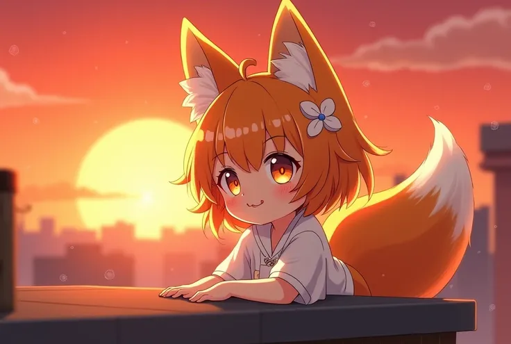  Short orange hair, fox ears, bald tail, golden eyes, playful smile, anime, Anime style, Angle, Lens glare, Shine,  Hair Flower,  Stick your tongue out, saliva,  best quality, solo, 1 girl, T-shirt and shorts, Sneakers, on the roof of the building, Red sun...