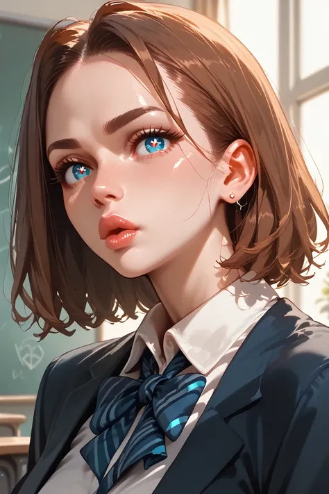 A tall and slender woman in a school teacher outfit, almond shaped eyes, full lips, pointy nose, long slicked back hair