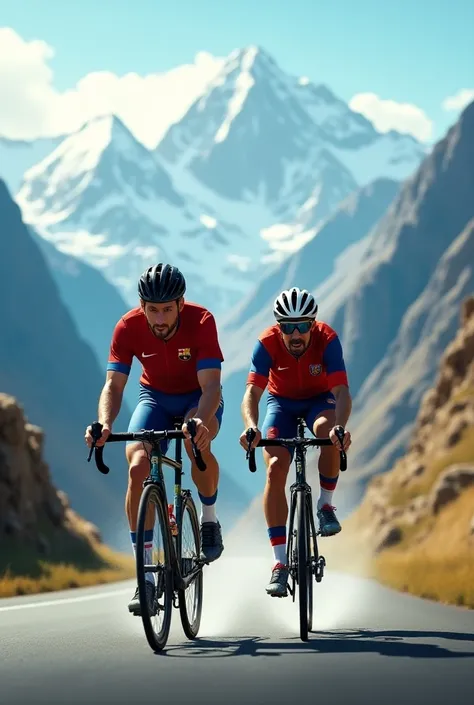 Create a image of messi and Ronaldo cycling in highway in mountains 