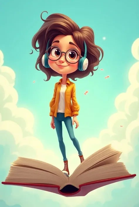 cartoon style drawing of a woman with glasses, with brown hair, with wireless headphones, standing on top of a flying book