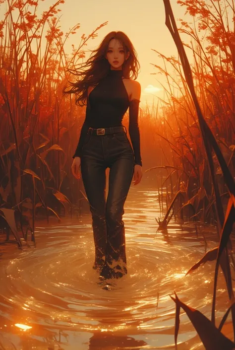 diva, turtlenecks and tight skinny flared jeans, ,drowning in a swamp of quicksand, red, beige, reeds, golden hour, 