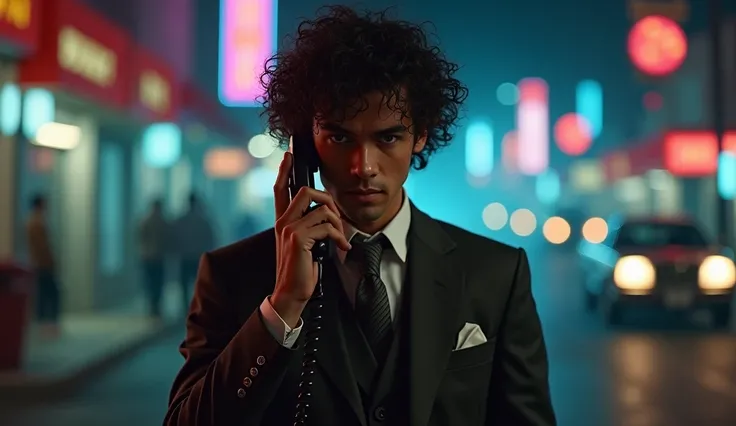 curly-haired guy dressed in old money talks on the phone to old Motorolla night Petersburg against the background of the 80s dark film effect film vhs action vice city movie panavison