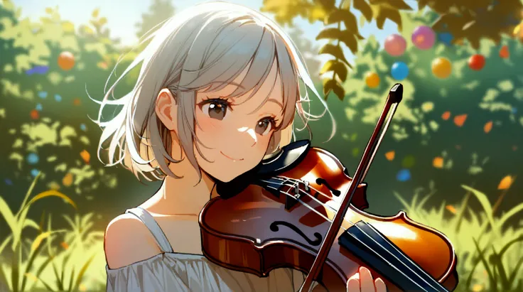 1girl, solo, short hair, day, blurry, tree, blurry background, depth of field, sunlight, grass, bush, Full body shot, happy, White sneakers, shoulder length, brown hair, black eyes, straight hair, bright, party dress, Playing the violin