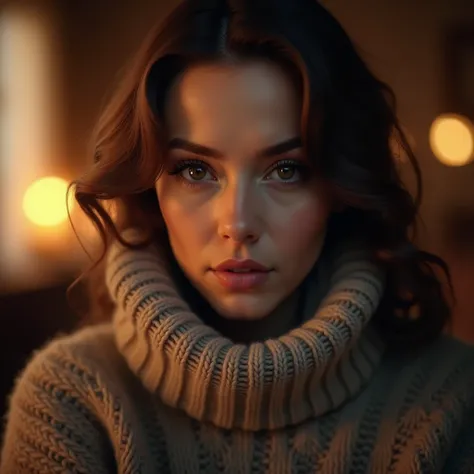 a woman wearing a knitted sweater, beautiful detailed eyes, beautiful detailed lips, extremely detailed eyes and face, long eyelashes, intricate knitting patterns, warm cozy atmosphere, soft lighting, cinematic lighting, muted color palette, masterpiece, p...