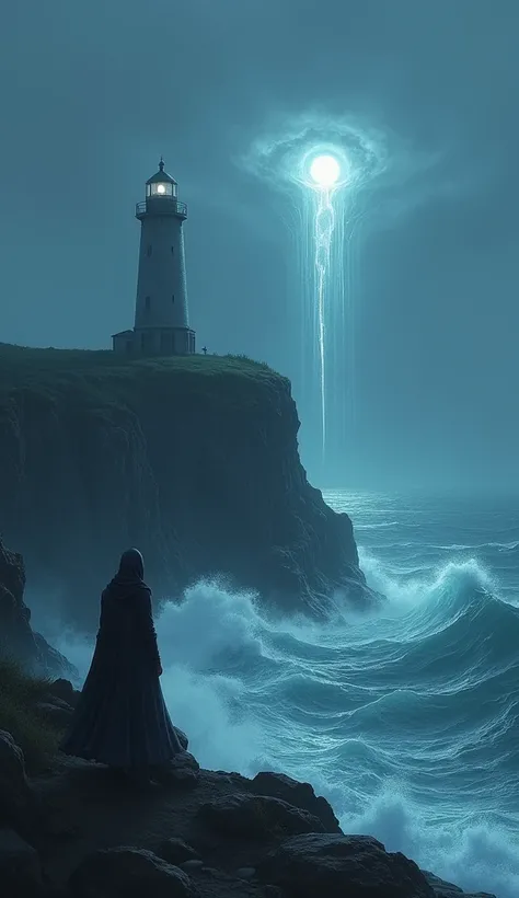 A solitary lighthouse on a rugged cliff, casting a ghostly light over turbulent waves, with a mysterious figure watching from afar, in a spooky yet mesmerizing anime art style.