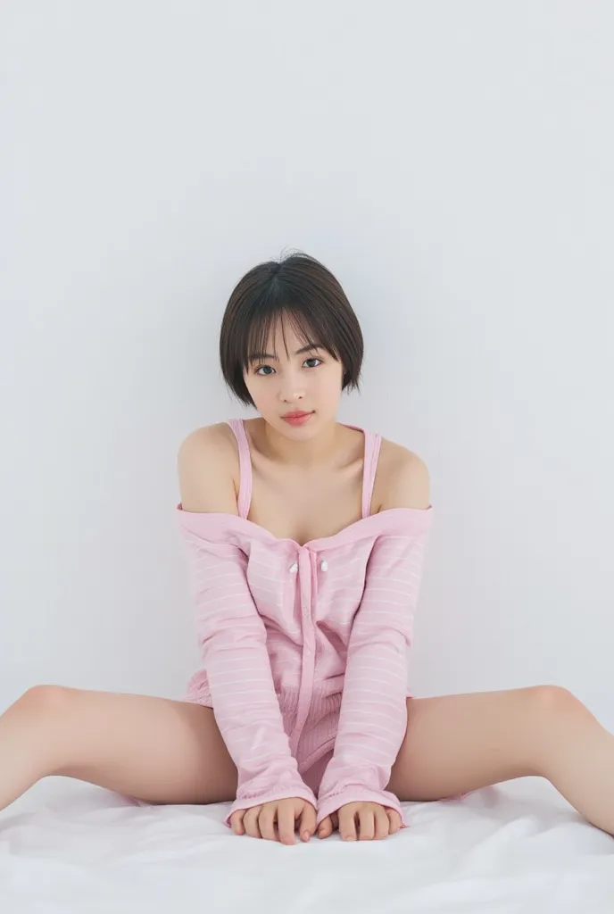 full body shot from the front、wear off-the-shoulder mini one-piece pajamas, bend your knees, spread your legs, take a cross-legg...