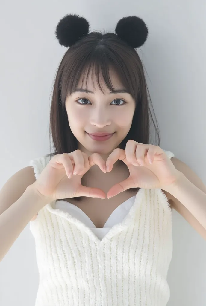 only one woman with a cute smile wears cute, fluffy off-shoulder pajamas, makes a big heart shape with both hands, and poses the...