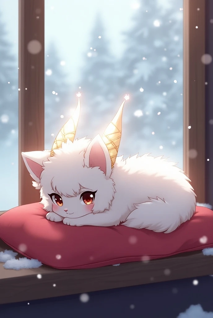  Create me an anime-style picture of a little , white , fluffy and sweet moon Kitsune . She has white fur and little horns that glow in moon colors with little golden chains around ,Her eyes also glow moon colored  . she is lying on a red pillow on a windo...