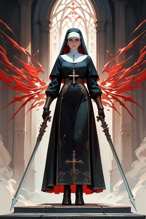 A warrior nun in black, white and red, fantasy style artwork, digital painting, concept art, intricate details, extremely detailed, ultra high resolution, 8k