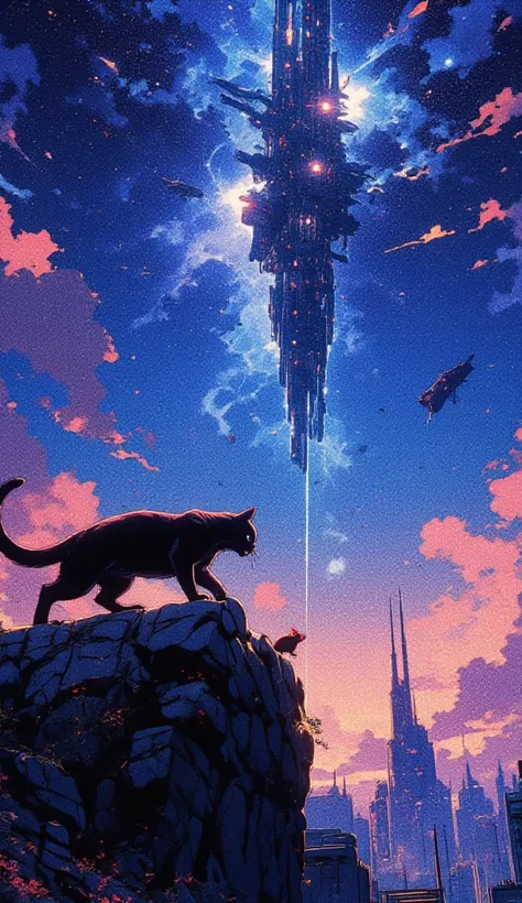  A cat on top of the wall in an attack position to catch a distracted mouse.  In the background a majestic night sky ,  Cintilante, obfuscating, expressive, bioluminescent, with highly technological ships hovering in the sky . 
anime style 32K, HDR, UHD, i...