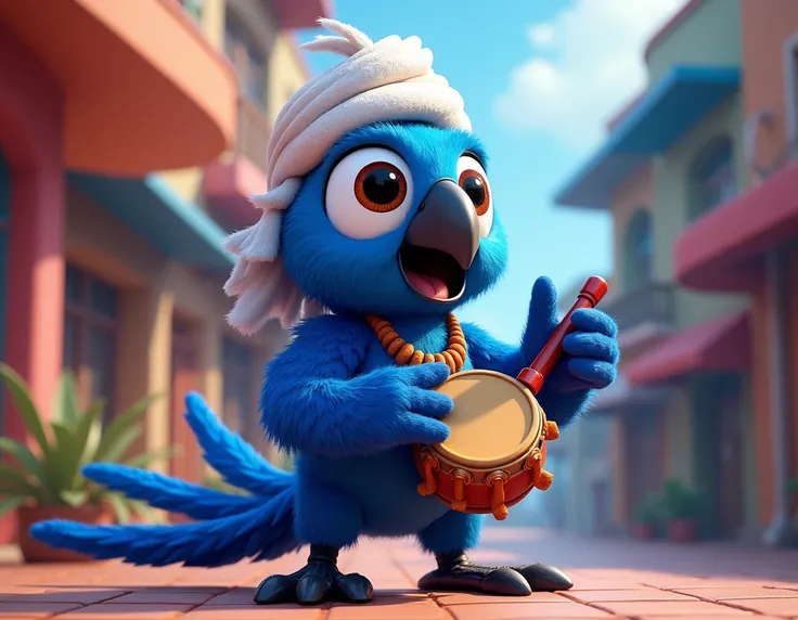  create a pixar-style mascot blue macaw in the color indigo blue with a white face, black eyes, white turban on the head and with percussion instrument in the hand 