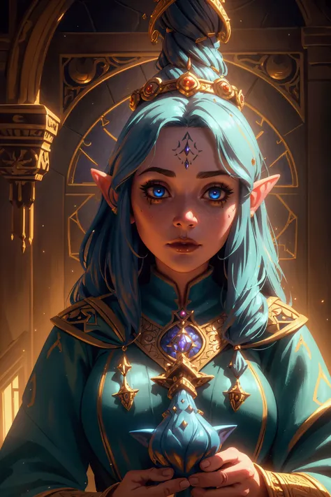 a close up of a female gnome in a tower interior, wizard assistant, 1girl, detailed face, beautiful detailed eyes, beautiful det...