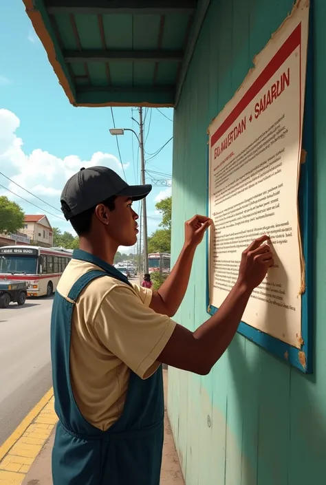  A person pasting a sign at a bus terminal, publicizing professional qualification offers , The bus terminal would be in Maranhão , in Brazil,  so a slightly less technological scenario, Please 
