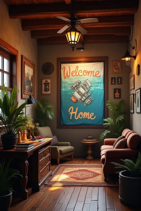 The image that says welcome home ,  that has things of diving and engineering 