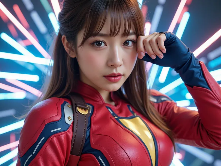 High resolution, high quality, masterpiece, ultra-realistic photography, detailed, of a beautiful and energetic 20-something cute Japanese beauty dressed in a colorful superhero costume inspired by Marvel superheroes. She has a lively and charismatic expre...