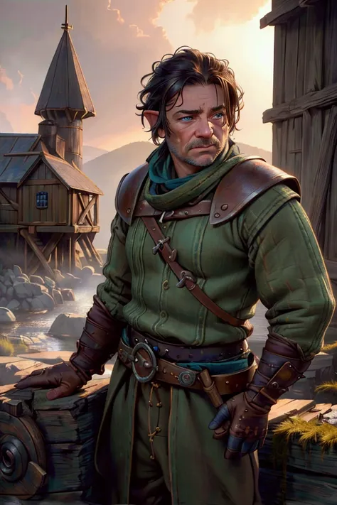 a close up of a male halfling with a scar on his right eye, mill caretaker, mill background, detailed facial features, striking ...