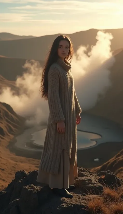 A young Icelandic woman with long black hair and wearing a warm woolen sweater, standing on a rocky cliff overlooking a vast, wild landscape with volcanic craters and steaming hot springs, mist swirling around her, soft golden light from the sunset, hyper-...