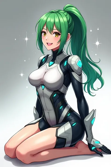 "Anime-style happy busty female character with green hair in a high ponytail, wearing a futuristic, armored bodysuit with a sleek design. The suit has a color scheme of white, black, and turquoise, featuring angular metallic details and glowing accents tha...