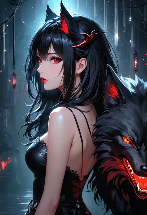 uploaded the e621, beautiful and detailed portrait of a female ((feral)) black demon wolf, kenket, Ross Tran,ruan jia, uploaded to e621, zaush, foxovh, cinematic lighting, seductive, feral, black wolf, red eyes, ((devil horns)), cute snout,full body, beaut...